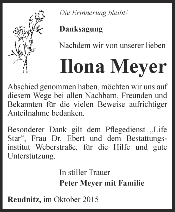 Traueranzeige von Ilona Meyer von Ostthüringer Zeitung