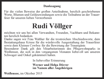 Traueranzeige von Rudi Völlger von Thüringer Allgemeine