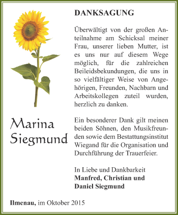 Traueranzeige von Marina Siegmund von Thüringer Allgemeine