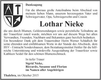 Traueranzeige von Lothar Nieke von Thüringer Allgemeine