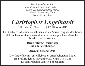 Traueranzeige von Christopher Engelhardt von Ostthüringer Zeitung, Thüringische Landeszeitung