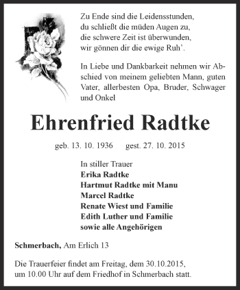 Traueranzeige von Ehrenfried Radtke von Ostthüringer Zeitung, Thüringische Landeszeitung