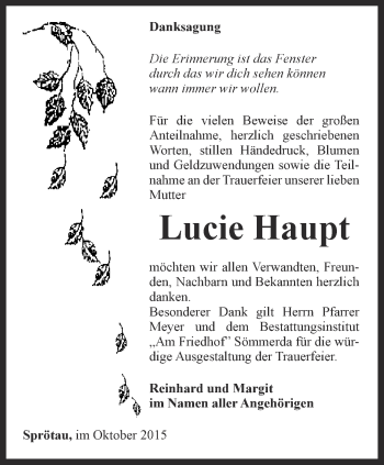 Traueranzeige von Lucie Haupt von Thüringer Allgemeine