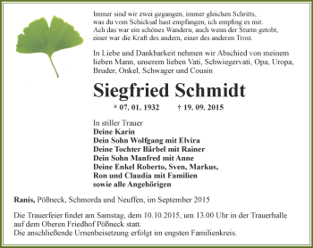 Traueranzeige von Siegfried Schmidt von Ostthüringer Zeitung