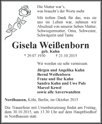 Traueranzeige von Gisela Weißenborn von Thüringer Allgemeine