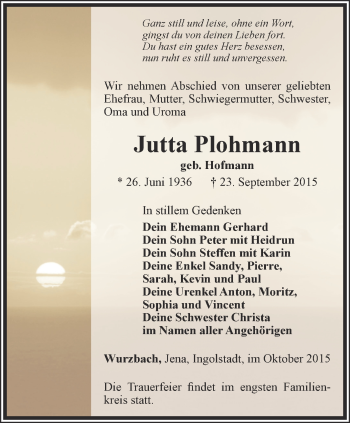 Traueranzeige von Jutta Plohmann von Ostthüringer Zeitung