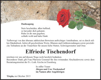 Traueranzeige von Elfriede Tischendorf von Ostthüringer Zeitung