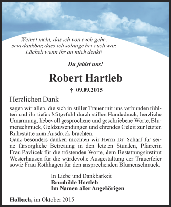 Traueranzeige von Robert Hartleb von Thüringer Allgemeine