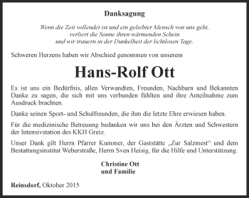 Traueranzeige von Hans-Rolf Ott von Ostthüringer Zeitung