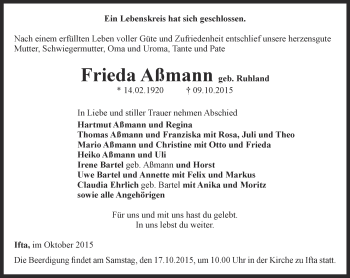 Traueranzeige von Frieda Aßmann von Thüringer Allgemeine, Thüringische Landeszeitung