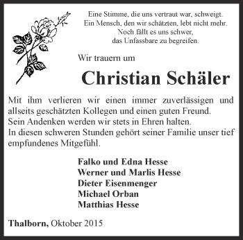 Traueranzeige von Christian Schäler von Thüringer Allgemeine, Thüringische Landeszeitung