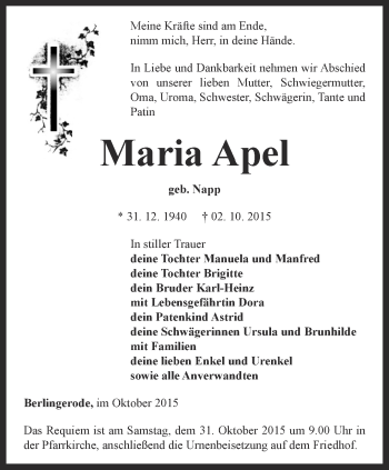 Traueranzeige von Maria Apel von Thüringer Allgemeine