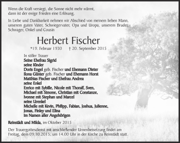 Traueranzeige von Herbert Fischer von Ostthüringer Zeitung, Thüringische Landeszeitung