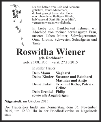 Traueranzeige von Roswitha Wiener von Thüringer Allgemeine, Thüringische Landeszeitung