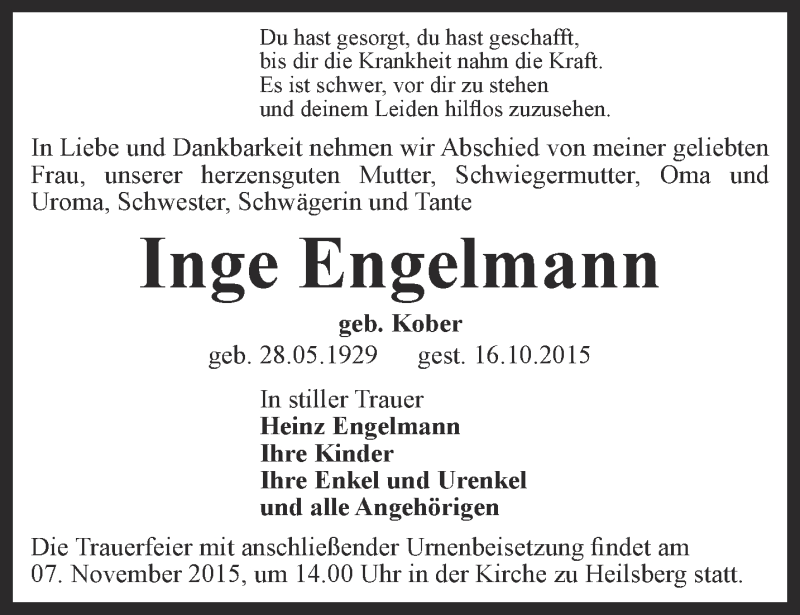  Traueranzeige für Inge Engelmann vom 30.10.2015 aus Ostthüringer Zeitung