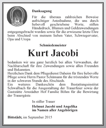 Traueranzeige von Kurt Jacobi von Thüringer Allgemeine