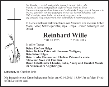 Traueranzeige von Reinhard Wille von Ostthüringer Zeitung