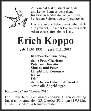 Traueranzeige von Erich Koppo von Thüringer Allgemeine