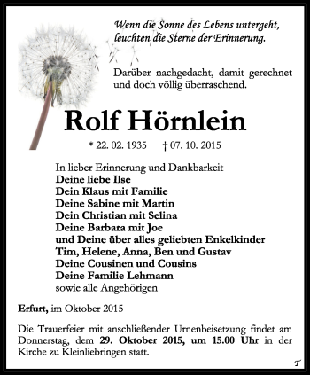 Traueranzeige von Rolf Hörnlein von Thüringer Allgemeine, Thüringische Landeszeitung