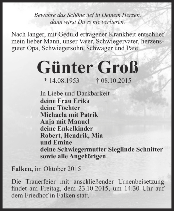 Traueranzeige von Günter Groß von Thüringer Allgemeine, Thüringische Landeszeitung