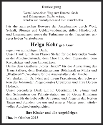 Traueranzeige von Helga Kehr von Thüringer Allgemeine, Thüringische Landeszeitung