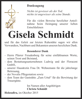 Traueranzeige von Gisela Schmidt von Thüringer Allgemeine