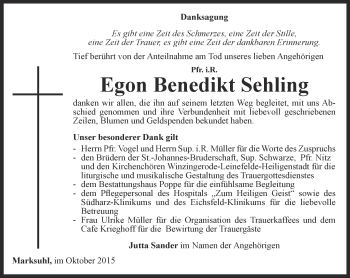 Traueranzeige von Egon Benedikt Sehling von Thüringer Allgemeine, Thüringische Landeszeitung