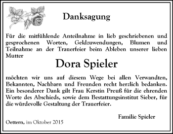 Traueranzeige von Dora Spieler von Thüringer Allgemeine, Thüringische Landeszeitung