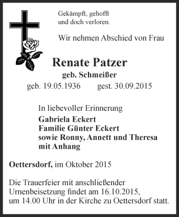 Traueranzeige von Renate Patzer von Ostthüringer Zeitung