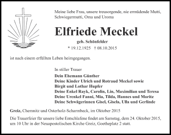 Traueranzeige von Elfriede Meckel von Ostthüringer Zeitung