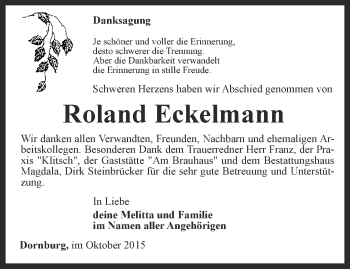 Traueranzeige von Roland Eckelmann von Ostthüringer Zeitung, Thüringische Landeszeitung