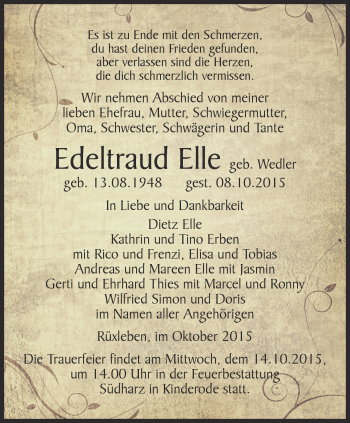 Traueranzeige von Edeltraud Elle von Thüringer Allgemeine