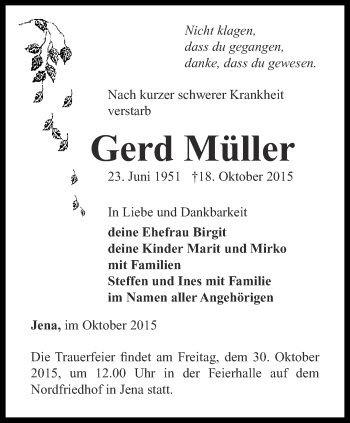 Traueranzeige von Gerd Müller von Ostthüringer Zeitung, Thüringische Landeszeitung