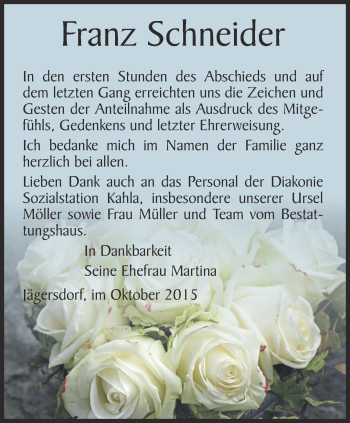 Traueranzeige von Franz Schneider von Ostthüringer Zeitung, Thüringische Landeszeitung
