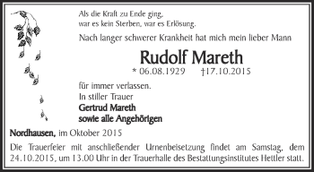 Traueranzeige von Rudolf Mareth von Thüringer Allgemeine