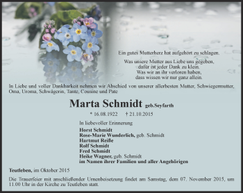 Traueranzeige von Marta  Schmidt von Ostthüringer Zeitung, Thüringische Landeszeitung