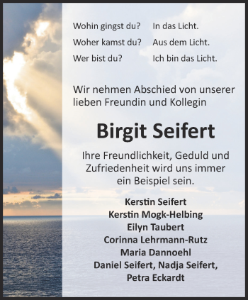 Traueranzeige von Birgit Seifert von Thüringer Allgemeine