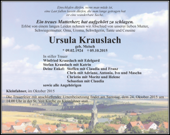 Traueranzeige von Ursula Krauslach von Thüringer Allgemeine, Thüringische Landeszeitung