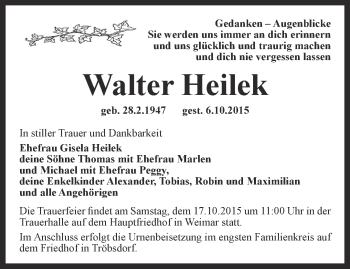 Traueranzeige von Walter Heilek von Thüringer Allgemeine, Thüringische Landeszeitung