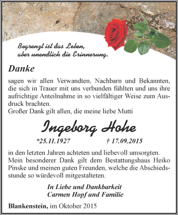 Traueranzeige von Ingeborg Hohe von Ostthüringer Zeitung