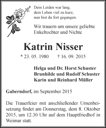 Traueranzeige von Katrin Nisser von Thüringer Allgemeine, Thüringische Landeszeitung