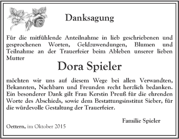 Traueranzeige von Dora Spieler von Ostthüringer Zeitung, Thüringische Landeszeitung