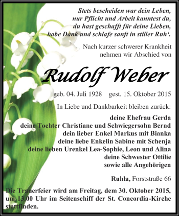 Traueranzeige von Rudolf Weber von Thüringer Allgemeine, Thüringische Landeszeitung
