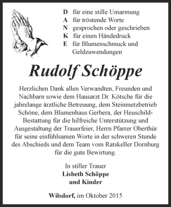 Traueranzeige von Rudolf Schöppe von Ostthüringer Zeitung, Thüringische Landeszeitung