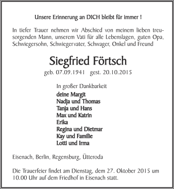 Traueranzeige von Siegfried Förtsch von Thüringer Allgemeine, Thüringische Landeszeitung