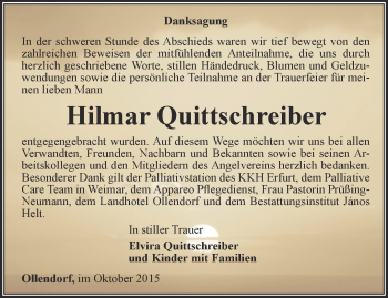 Traueranzeige von Hilmar Quittschreiber von Thüringer Allgemeine, Thüringische Landeszeitung