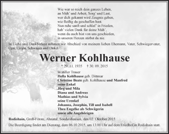 Traueranzeige von Werner Kohlhause von Thüringer Allgemeine