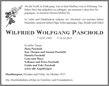 Traueranzeige von Wilfried Wolfgang Paschold von Ostthüringer Zeitung