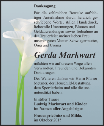 Traueranzeige von Gerda Markwart von Ostthüringer Zeitung, Thüringische Landeszeitung