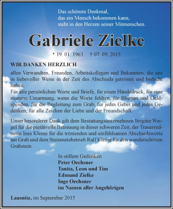 Traueranzeige von Gabriele Zielke von Ostthüringer Zeitung